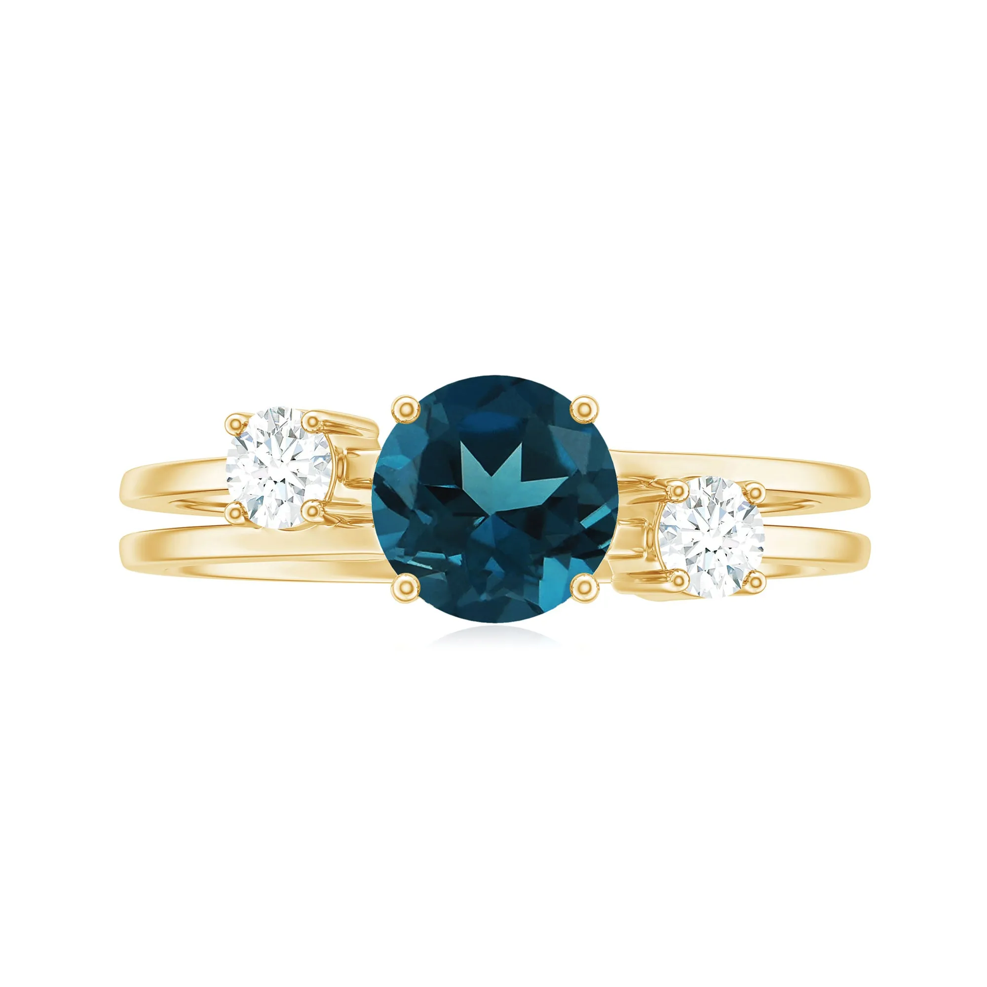 1 CT London Blue Topaz Solitaire Double Band Ring with Diamond