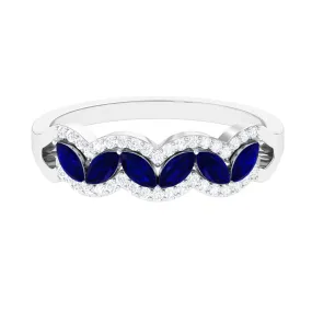 1 CT Minimal Marquise Cut Blue Sapphire Anniversary Ring with Diamond Accent