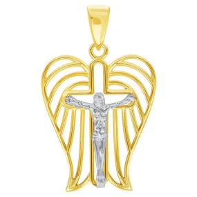 14k Two-Tone Gold Religious Cross Crucifix with Wings Pendant