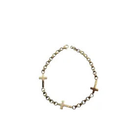 14KT Yellow Gold Rollo 3 Cross Bracelet