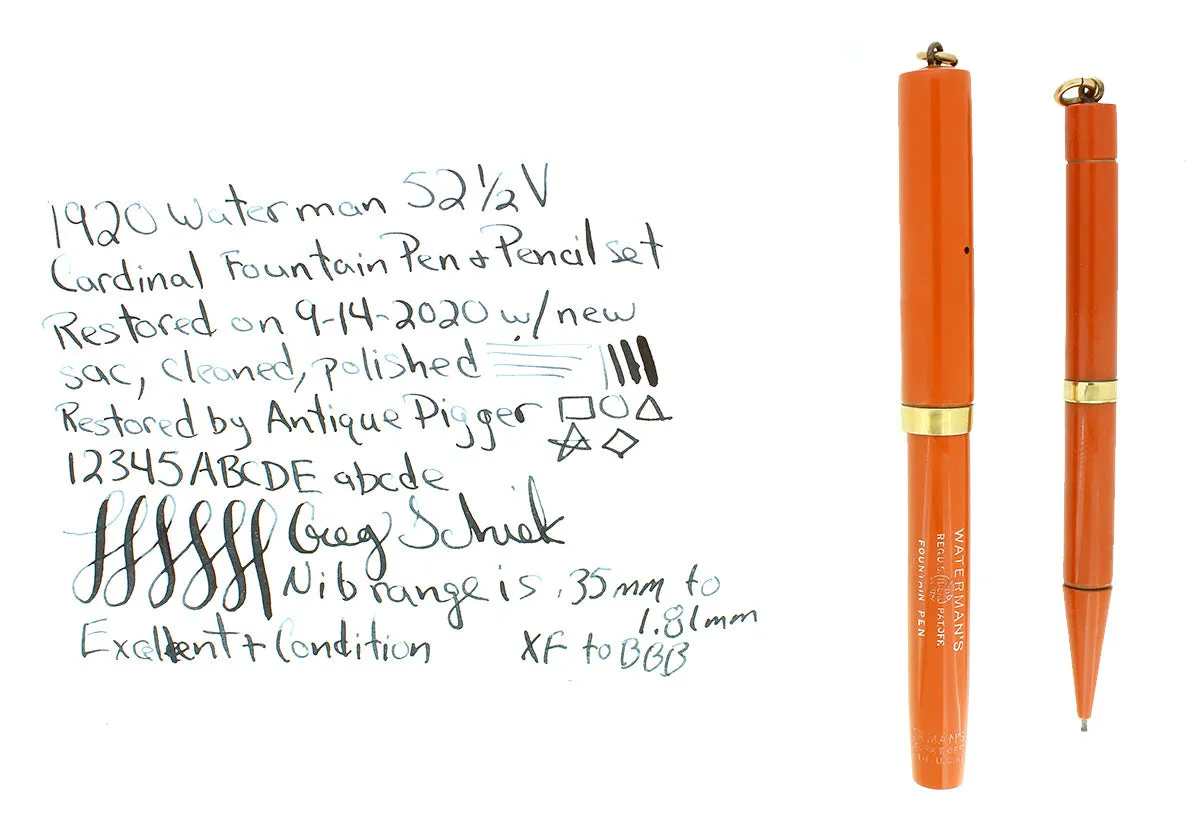 1920S WATERMAN CARDINAL 52 1/2V FOUNTAIN PEN AND PENCIL SET XF-BBB NIB RESTORED