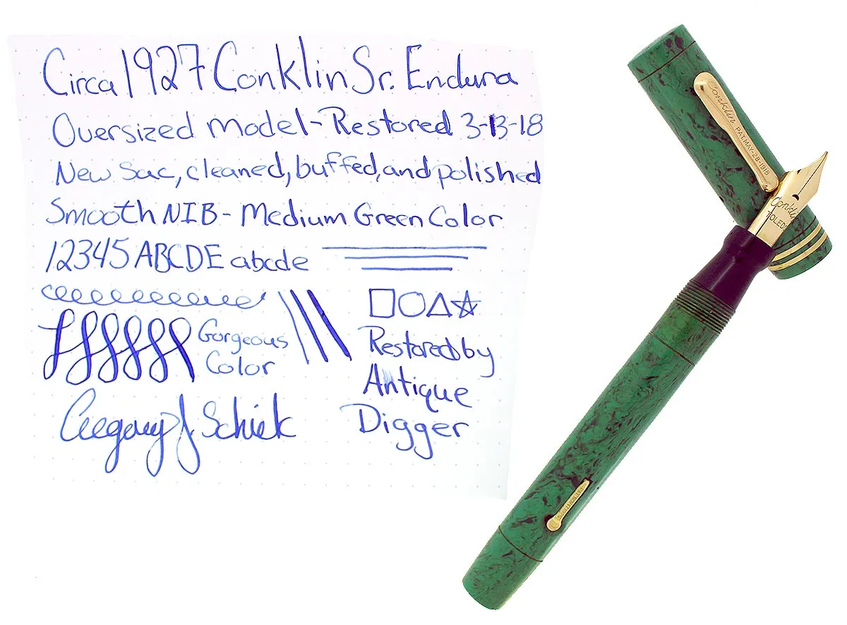1927 CONKLIN SUB ENDURA OVERSIZE MEDIUM GREEN HARD RUBBER FOUNTAIN PEN RESTORED