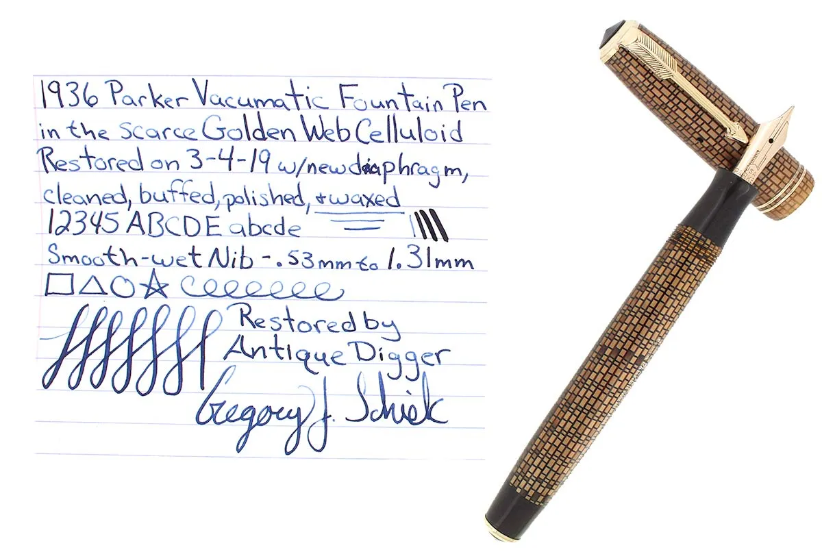 1936 PARKER GOLDEN WEB VACUMATIC DOUBLE JEWEL FOUNTAIN PEN F - BB NIB RESTORED