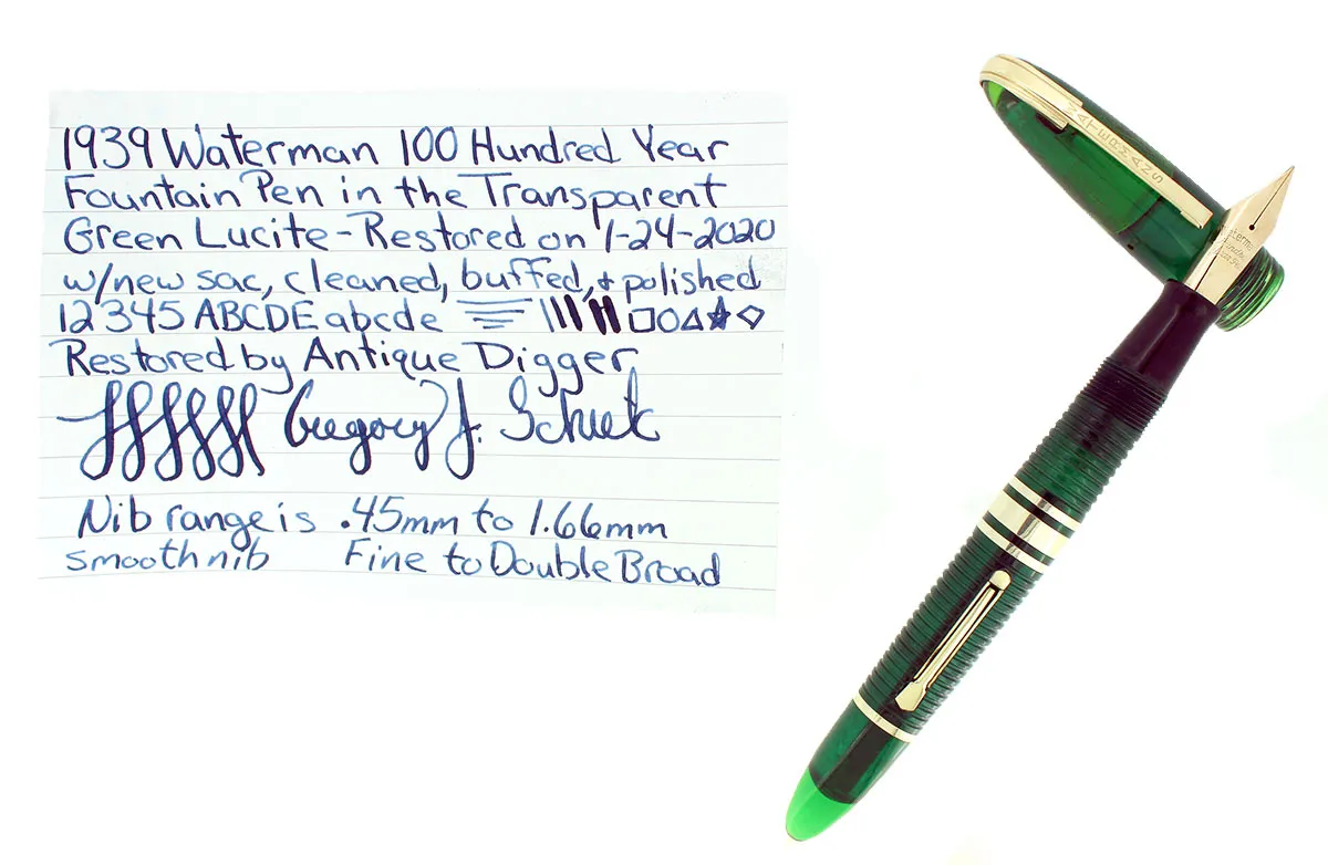 1939 FIRST YEAR GREEN WATERMAN 100 YEAR FOUNTAIN PEN F-BB SEMI-FLEX NIB RESTORED