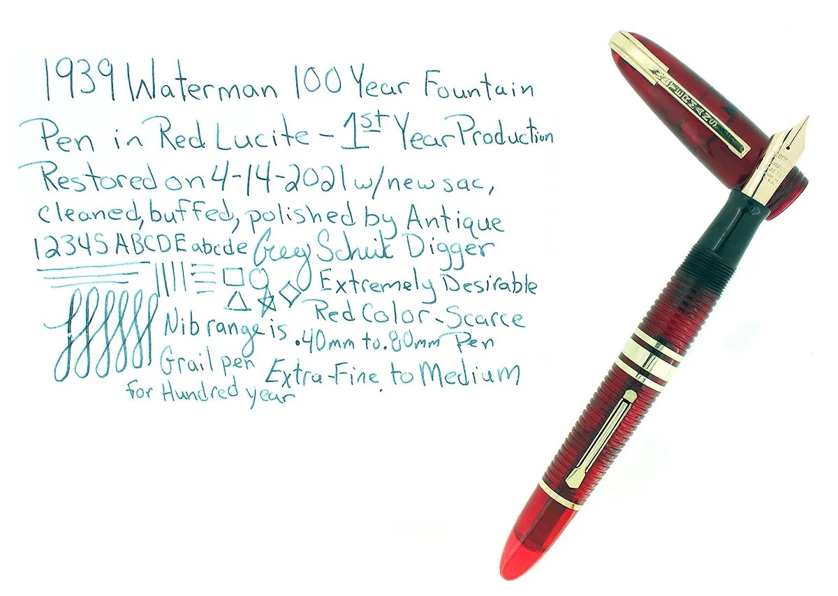 1939 FIRST YEAR RED LUCITE WATERMAN 100 YEAR FOUNTAIN PEN XF-M NIB RESTORED