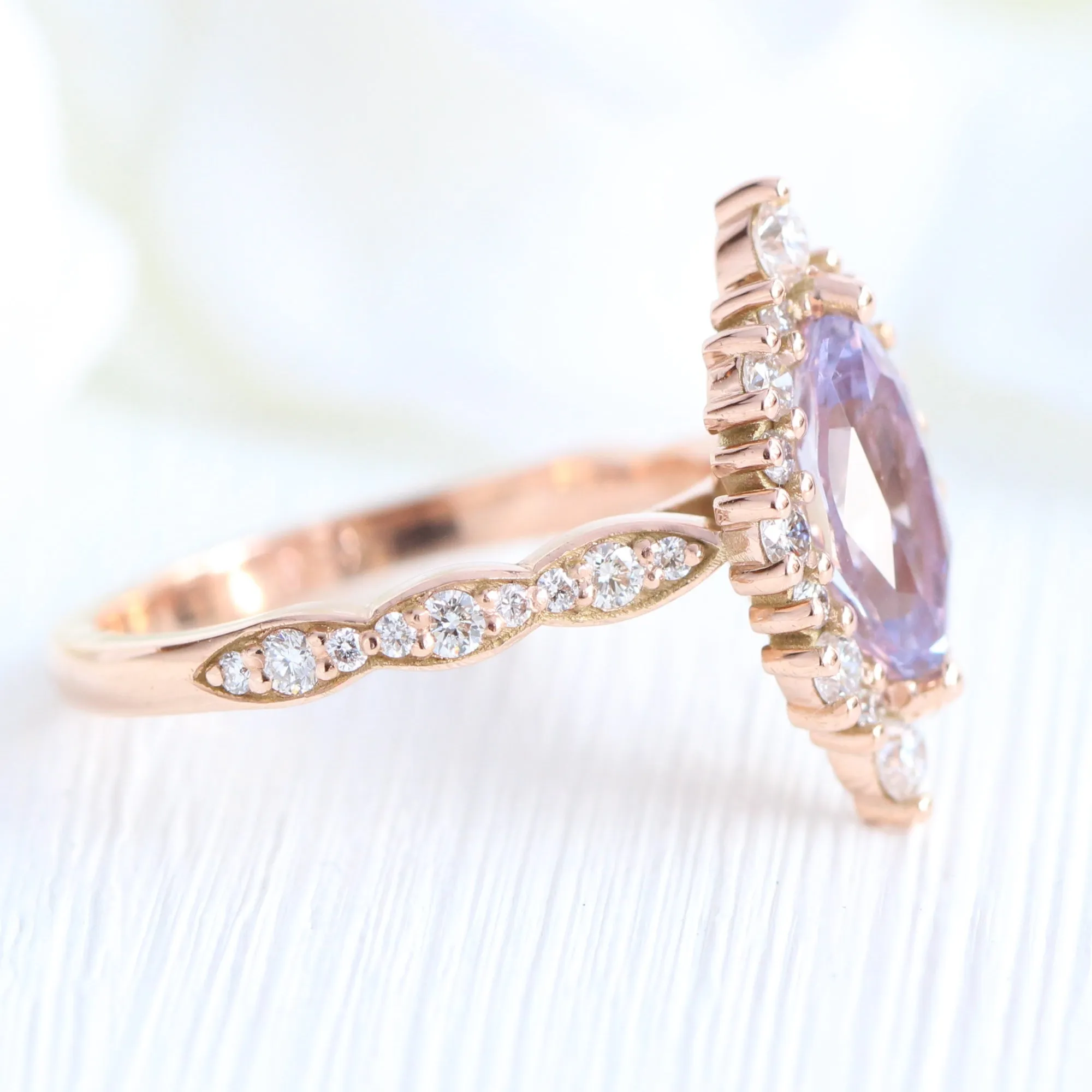 2.32 Ct Rare Marquise Lavender Sapphire Ring in 14k Rose Gold Tiara Halo Diamond, Size 6.25
