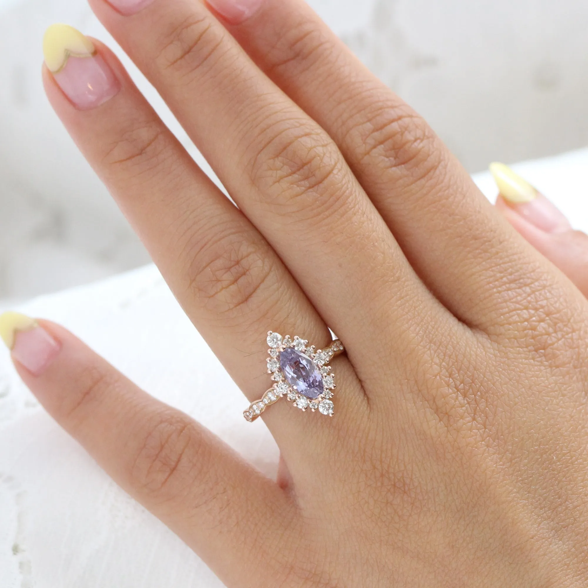 2.32 Ct Rare Marquise Lavender Sapphire Ring in 14k Rose Gold Tiara Halo Diamond, Size 6.25