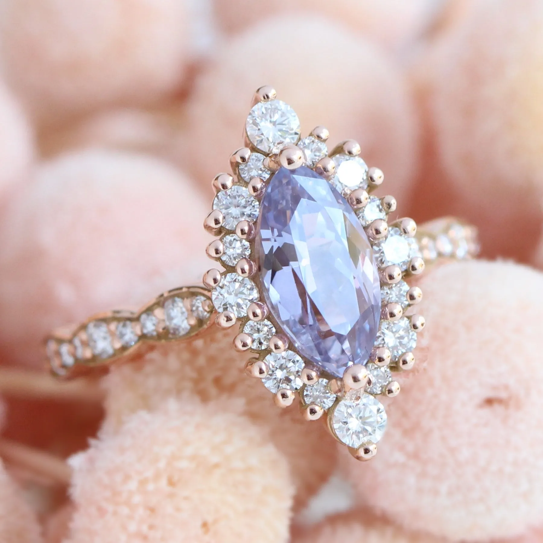 2.32 Ct Rare Marquise Lavender Sapphire Ring in 14k Rose Gold Tiara Halo Diamond, Size 6.25