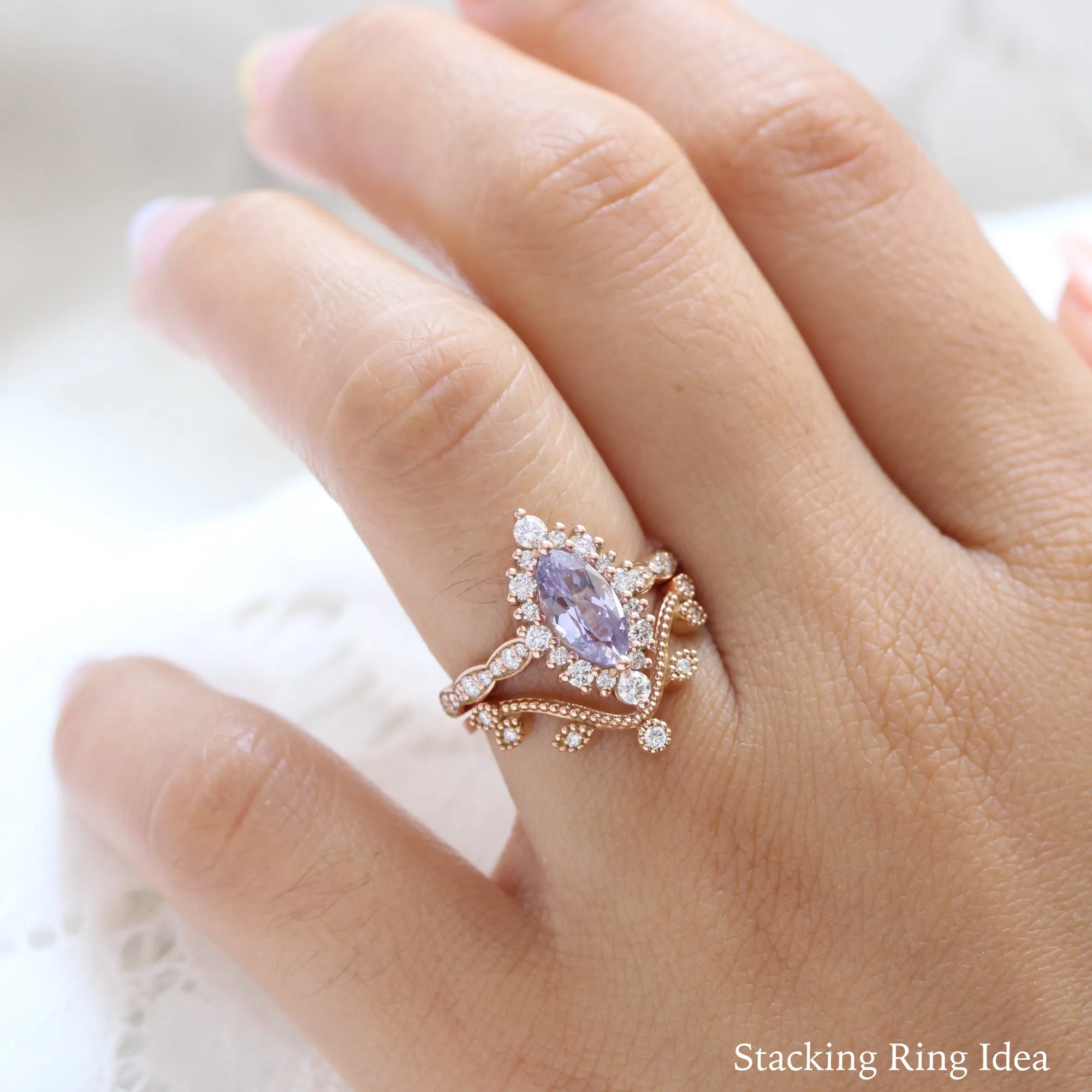2.32 Ct Rare Marquise Lavender Sapphire Ring in 14k Rose Gold Tiara Halo Diamond, Size 6.25