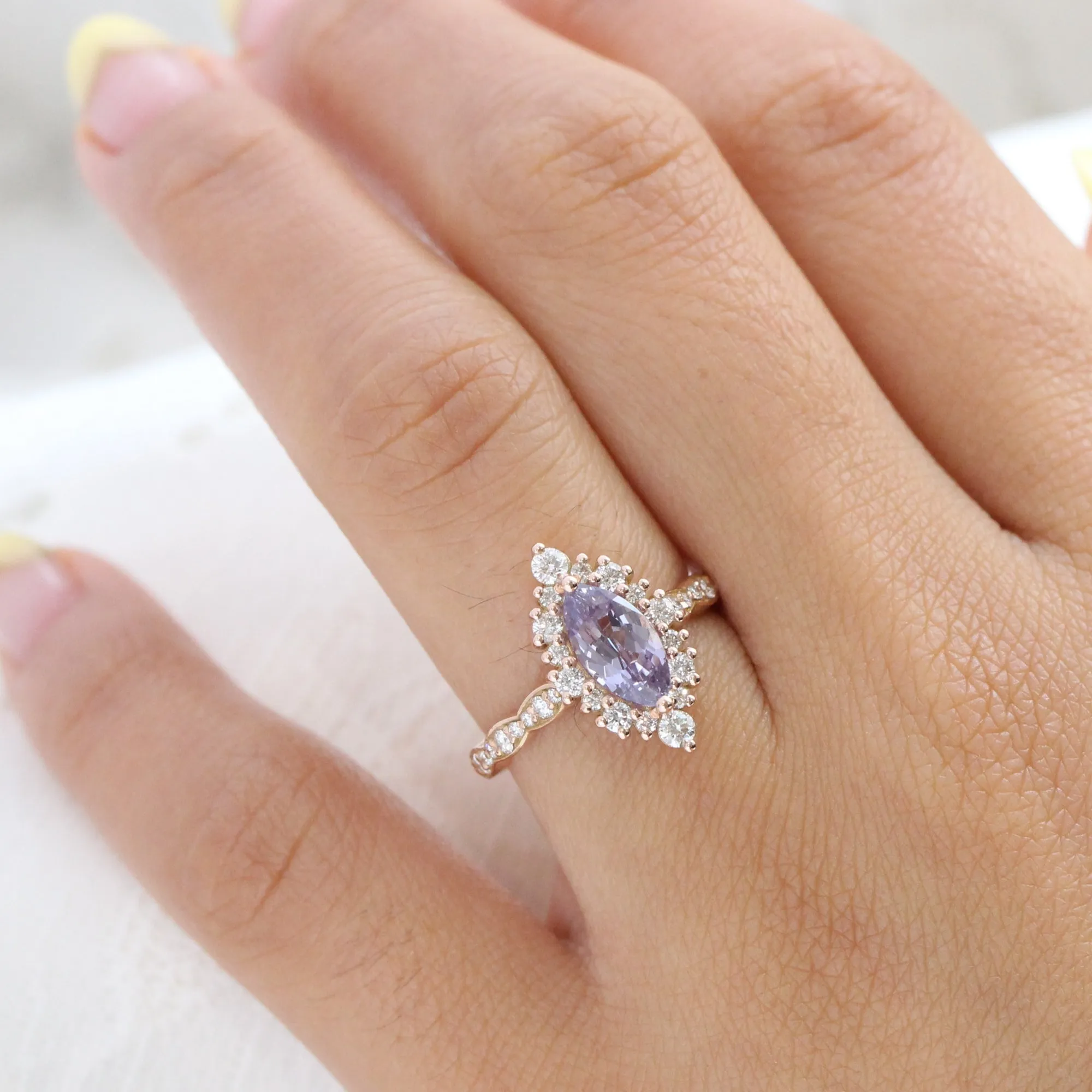 2.32 Ct Rare Marquise Lavender Sapphire Ring in 14k Rose Gold Tiara Halo Diamond, Size 6.25