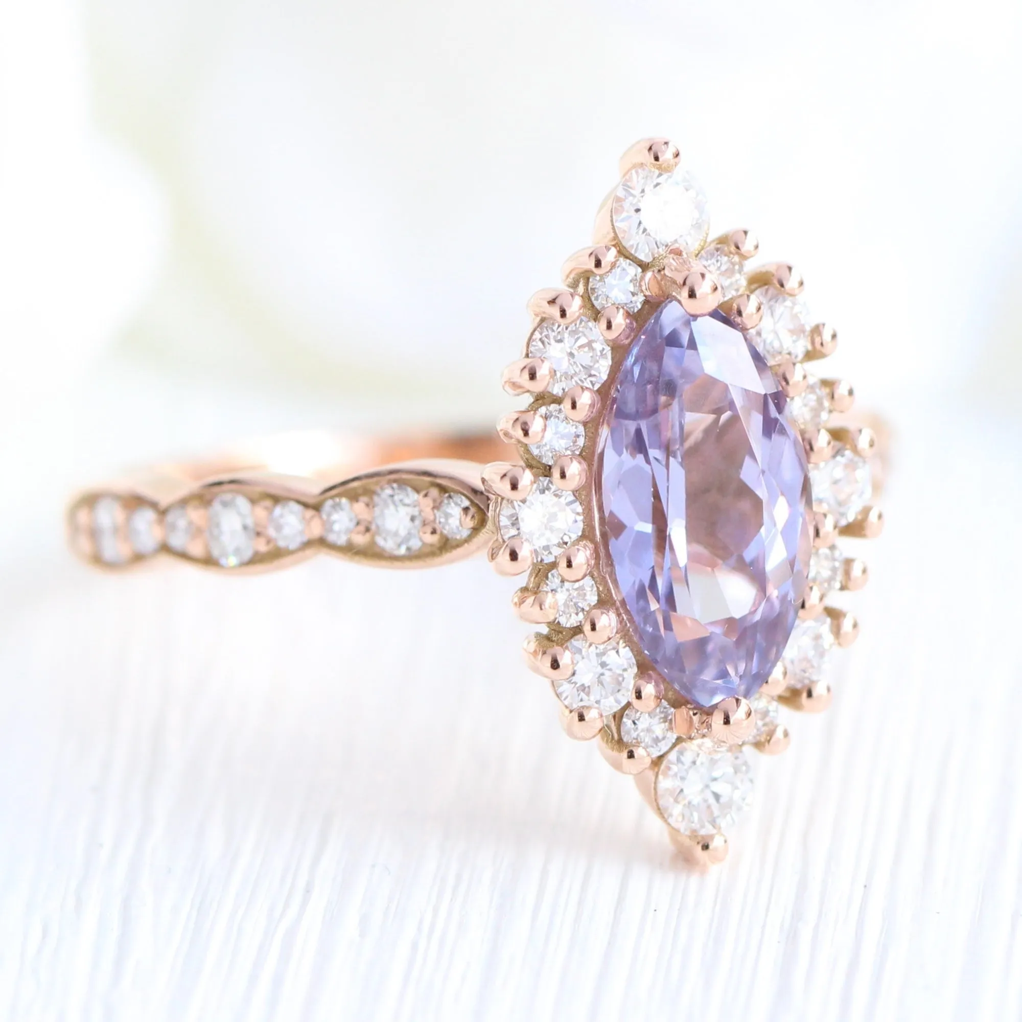2.32 Ct Rare Marquise Lavender Sapphire Ring in 14k Rose Gold Tiara Halo Diamond, Size 6.25