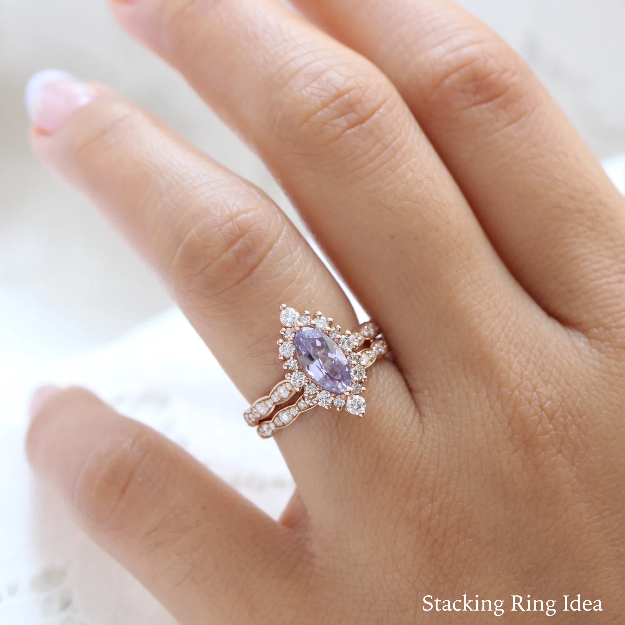 2.32 Ct Rare Marquise Lavender Sapphire Ring in 14k Rose Gold Tiara Halo Diamond, Size 6.25