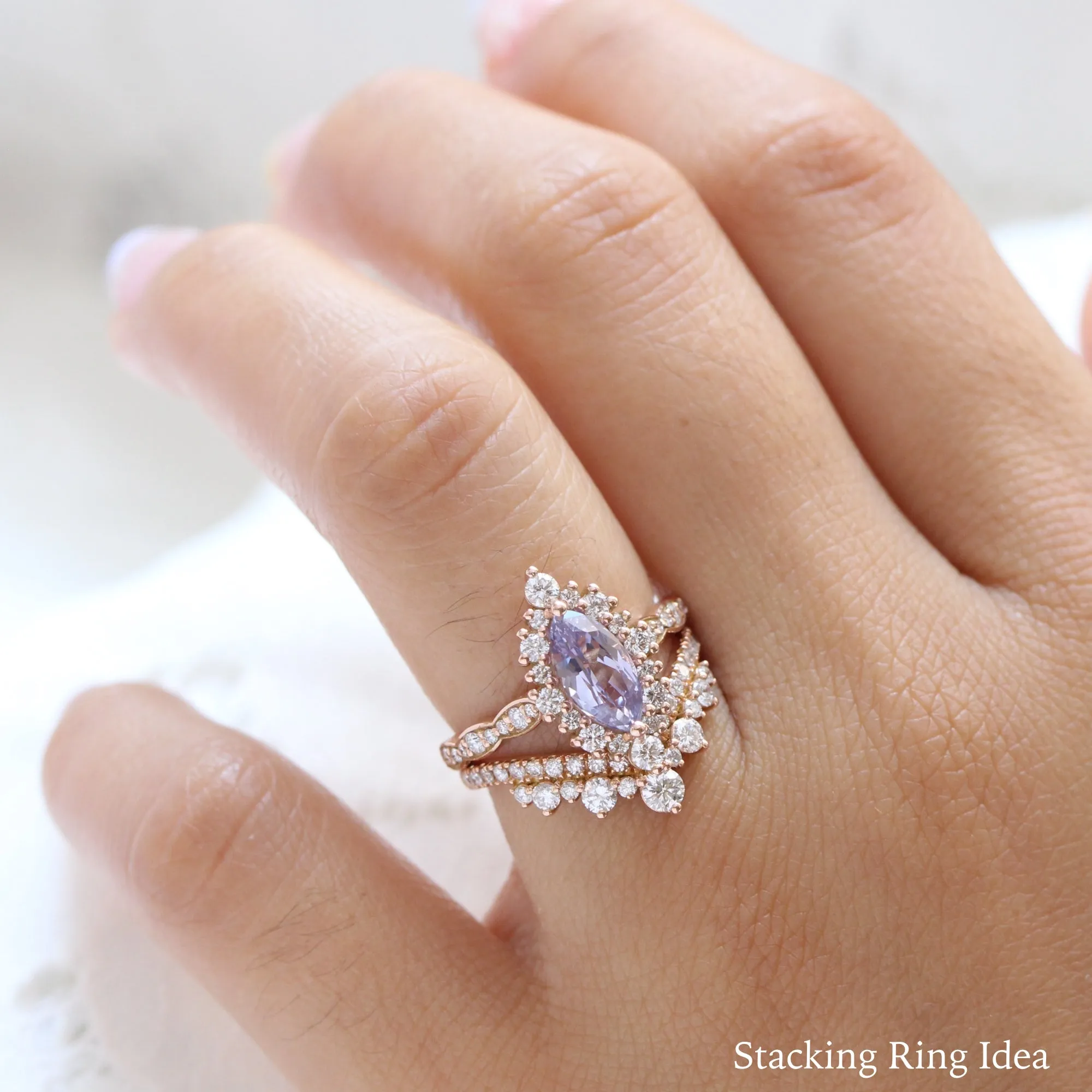 2.32 Ct Rare Marquise Lavender Sapphire Ring in 14k Rose Gold Tiara Halo Diamond, Size 6.25