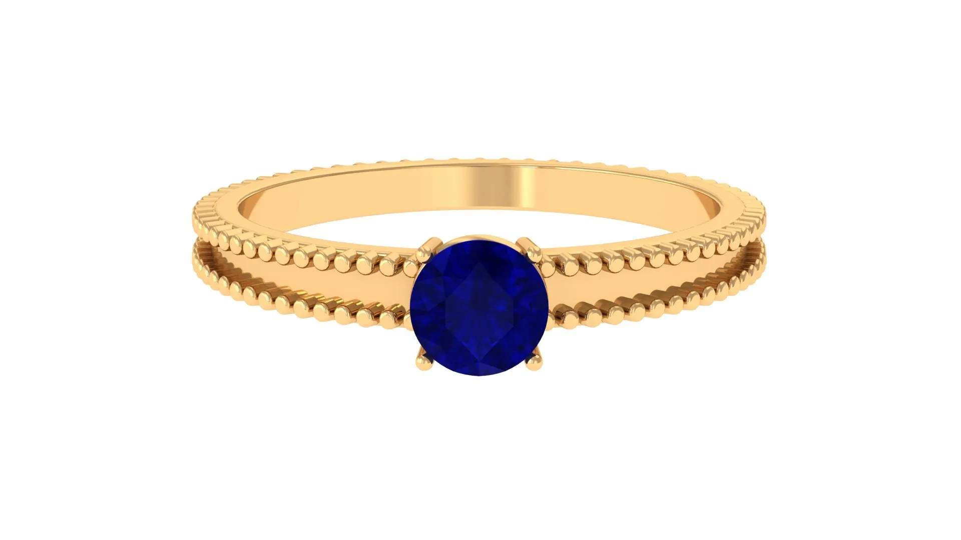 5 MM Solitaire Blue Sapphire Band Ring with Beaded Embellishment