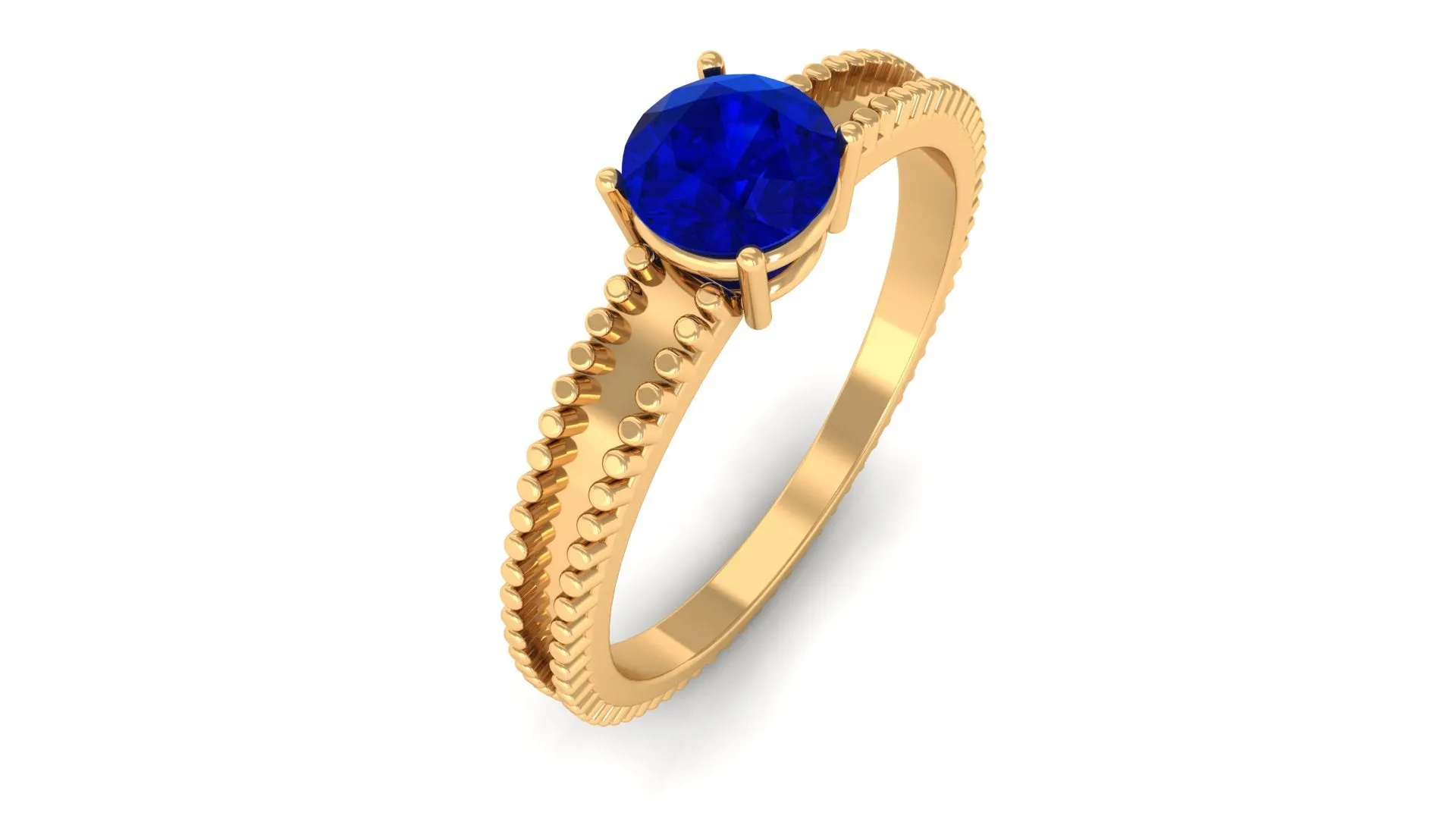 5 MM Solitaire Blue Sapphire Band Ring with Beaded Embellishment
