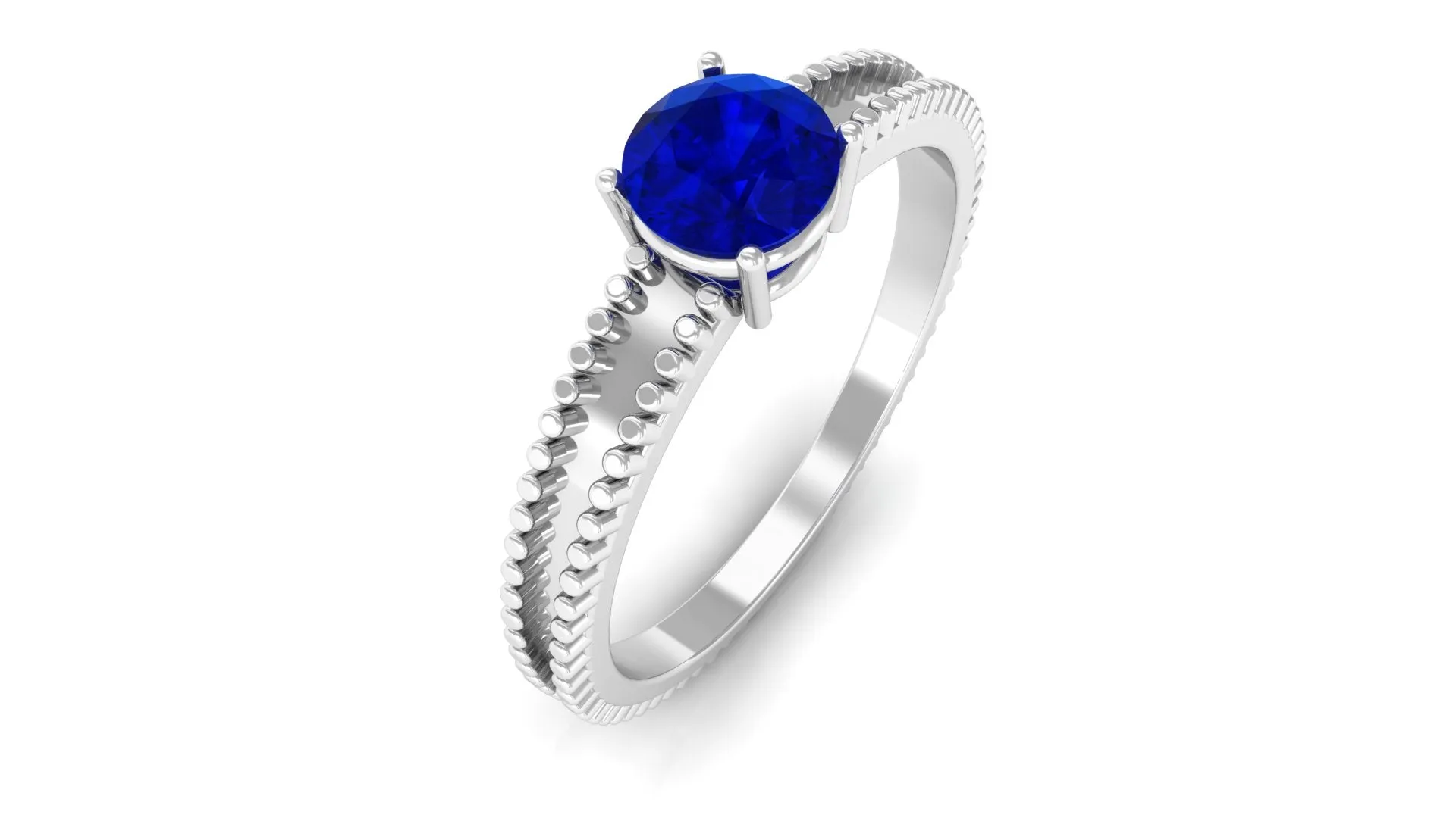 5 MM Solitaire Blue Sapphire Band Ring with Beaded Embellishment