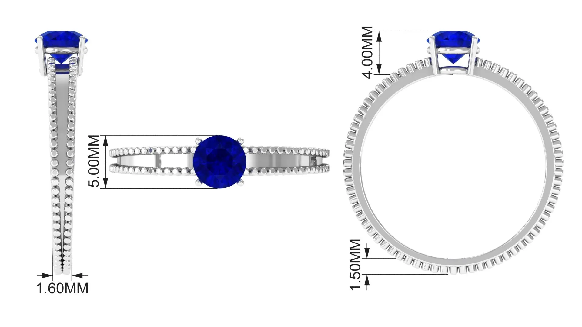 5 MM Solitaire Blue Sapphire Band Ring with Beaded Embellishment