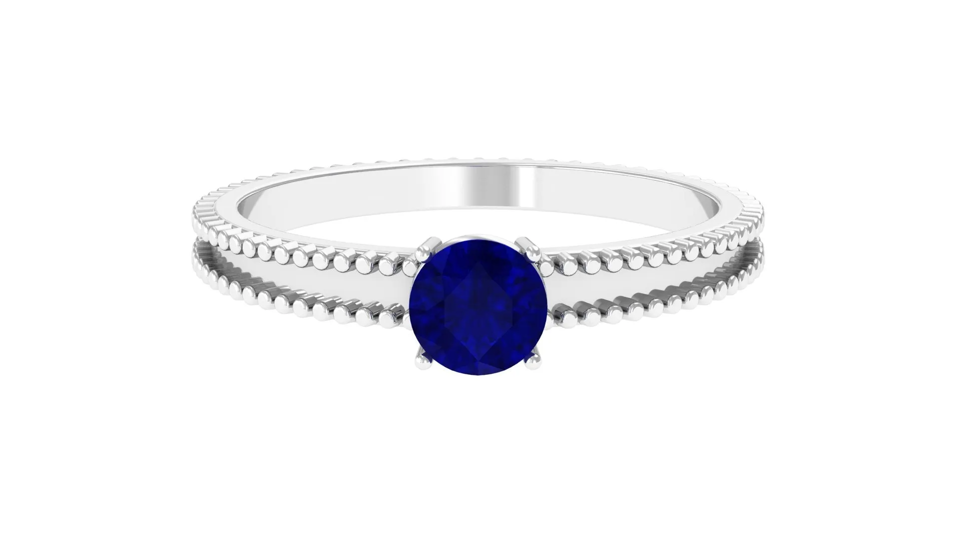 5 MM Solitaire Blue Sapphire Band Ring with Beaded Embellishment