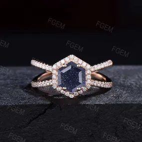 Antique Hexagon Blue Sandstone Halo Engagement Ring Unique Half Eternity Blue Goldstone Ring Split Moissanite Ring Women Gorgeous Gift Rings