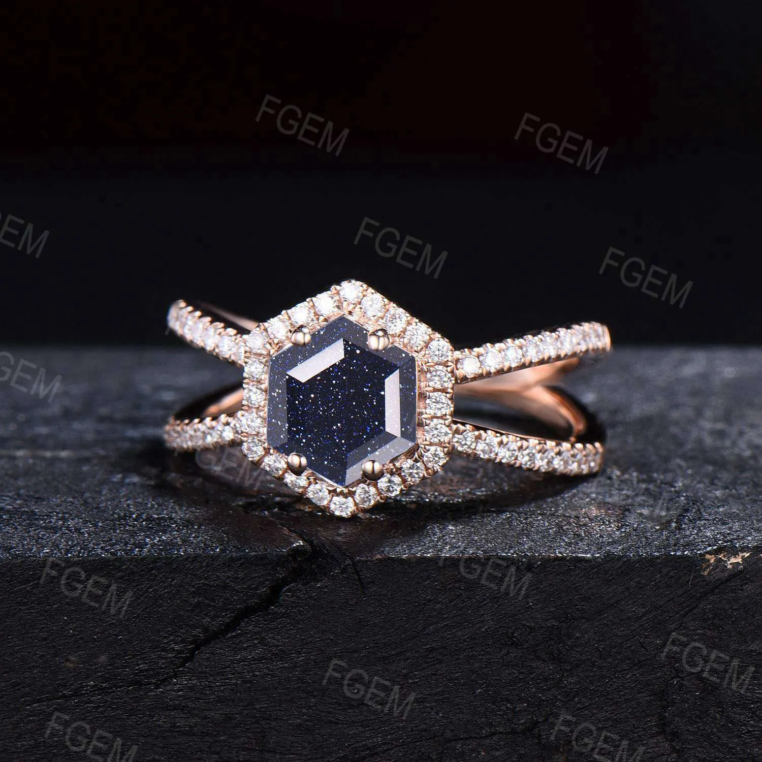Antique Hexagon Blue Sandstone Halo Engagement Ring Unique Half Eternity Blue Goldstone Ring Split Moissanite Ring Women Gorgeous Gift Rings