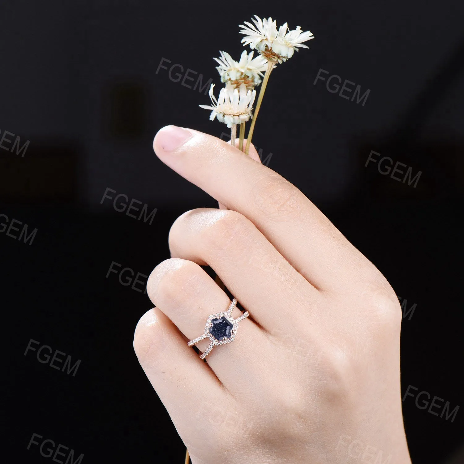 Antique Hexagon Blue Sandstone Halo Engagement Ring Unique Half Eternity Blue Goldstone Ring Split Moissanite Ring Women Gorgeous Gift Rings