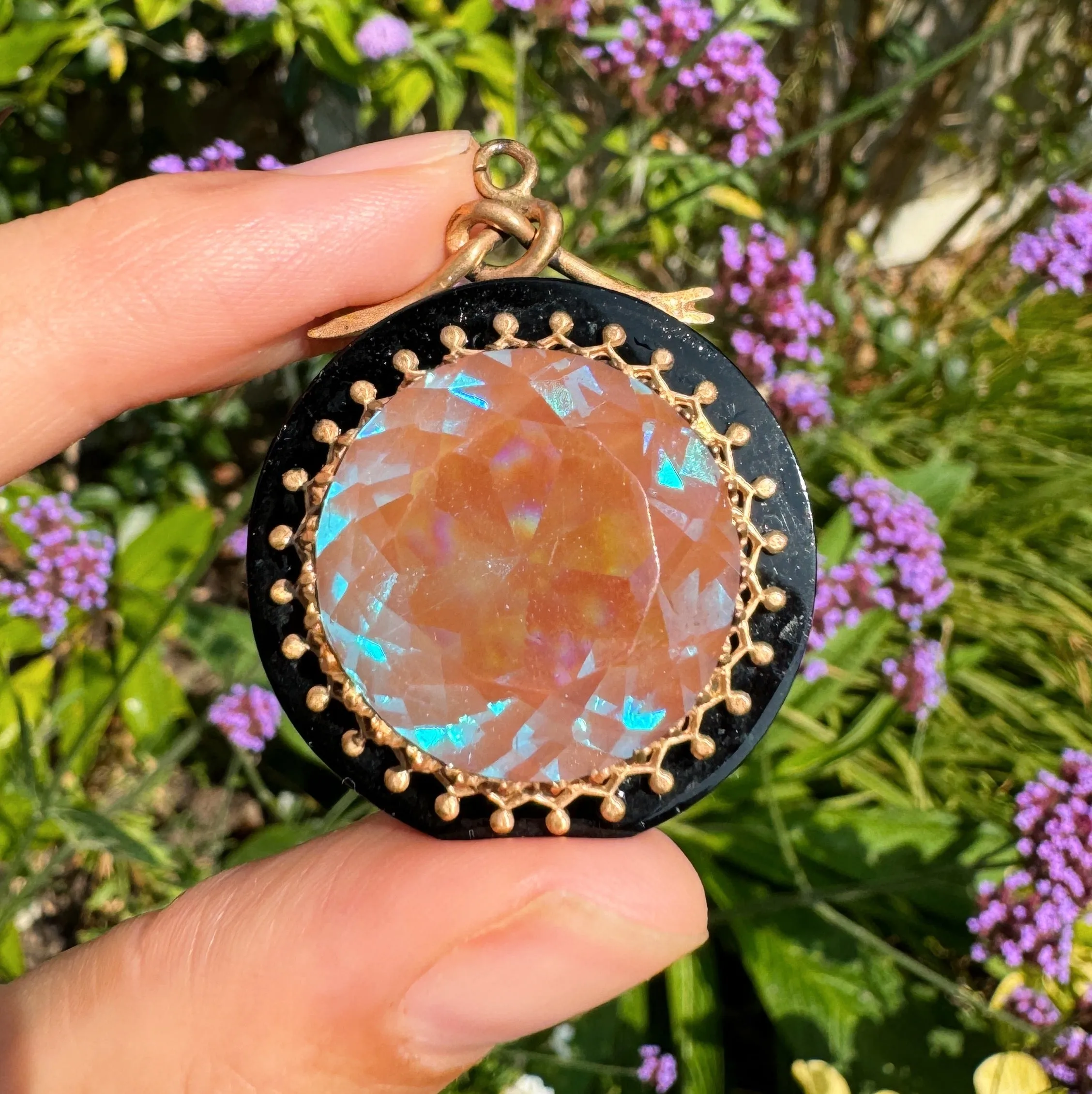 Antique Round Saphiret Glass Filigree Lucite Pendant