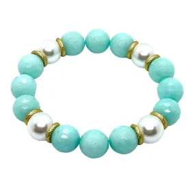 Aqua Jade and  Glass Pearl Stretch Bracelet