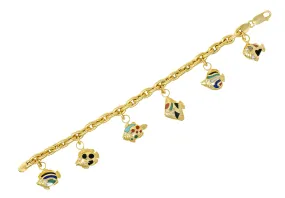 Asch Grossbardt Diamond Inlaid Multi-Gem 18K Yellow Gold Fish Vintage Charm Bracelet