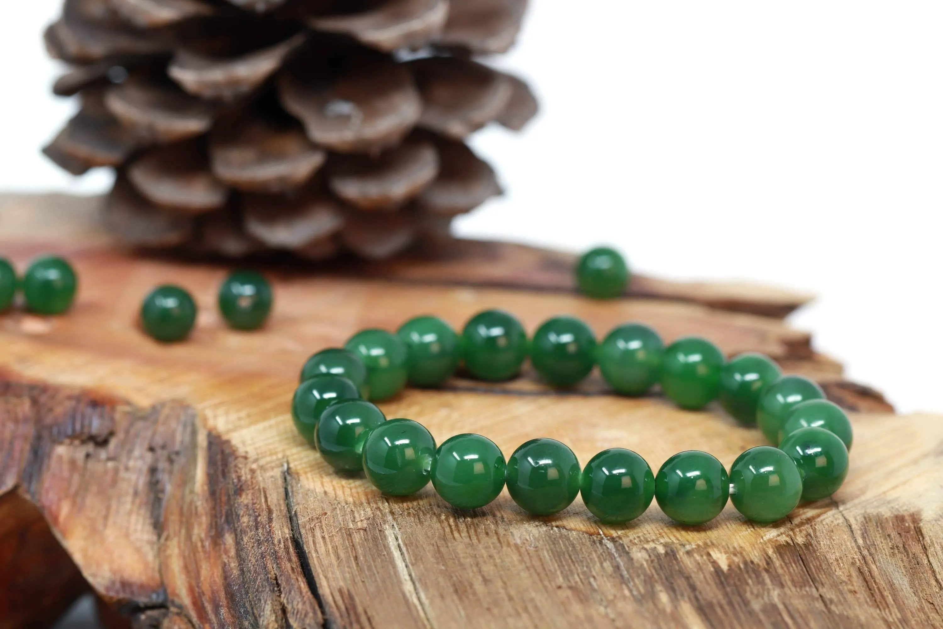 Baikalla Genuine Green Nephrite Jade Round Beads Bracelet ( 8mm )