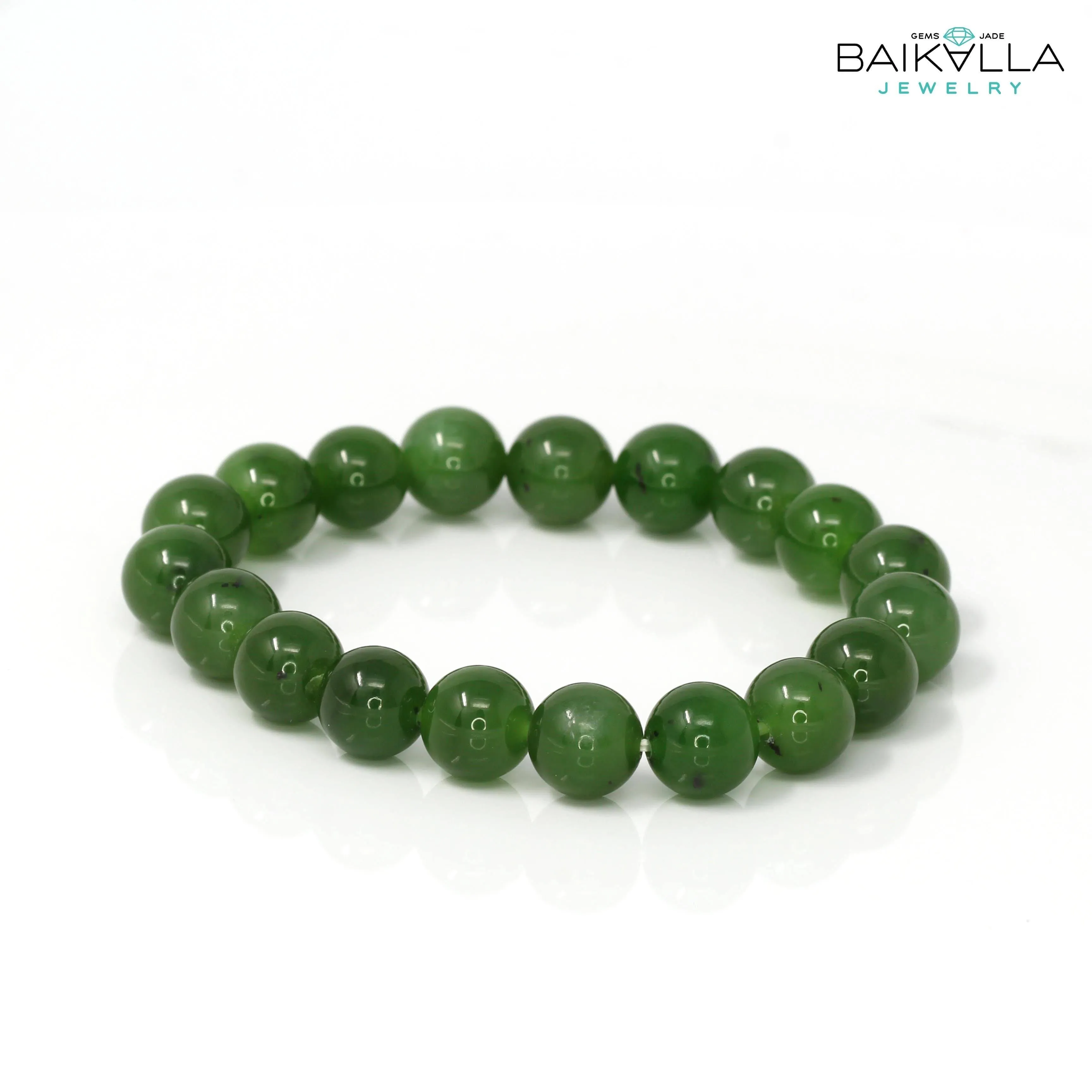 Baikalla Genuine Green Nephrite Jade Round Beads Bracelet ( 8mm )