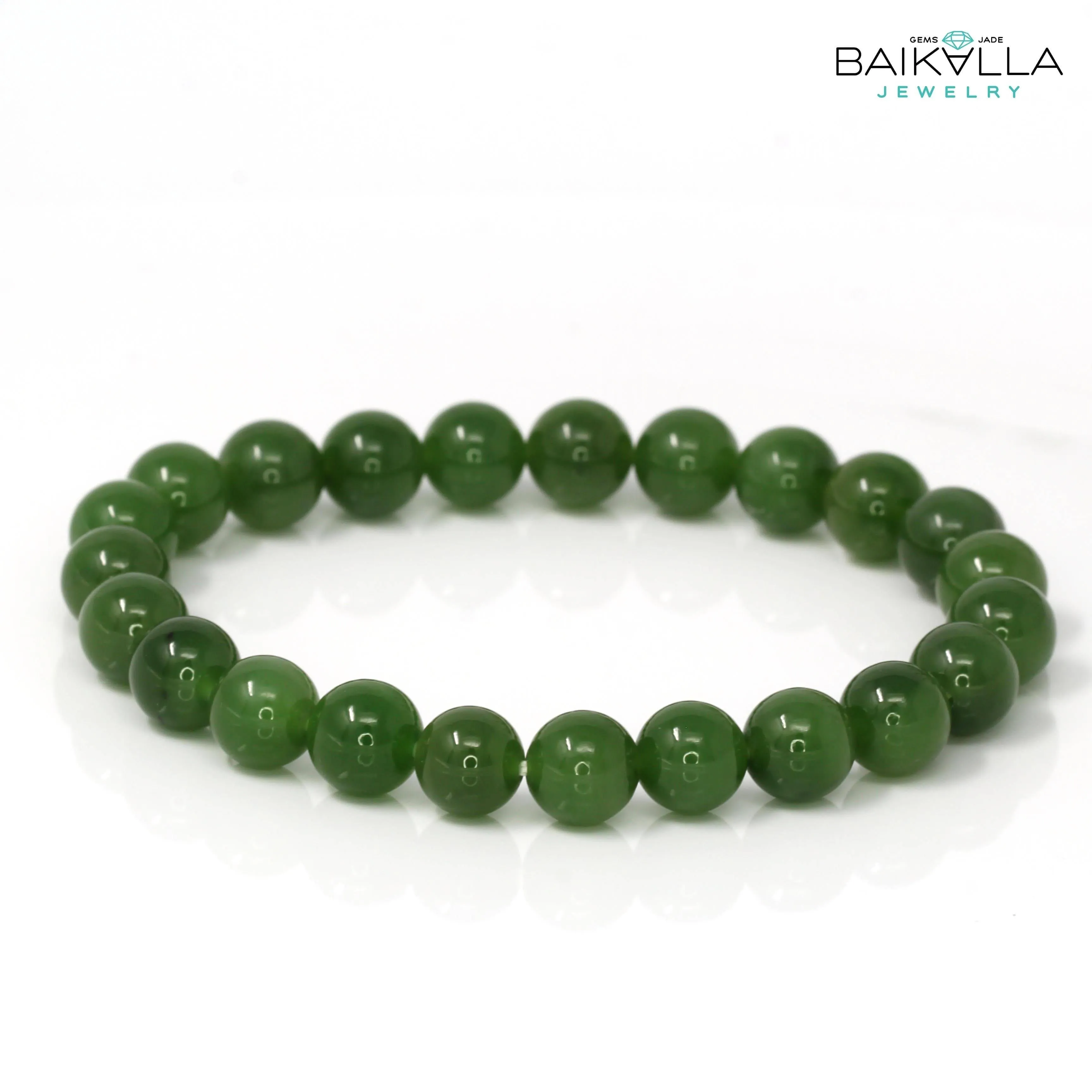 Baikalla Genuine Green Nephrite Jade Round Beads Bracelet ( 8mm )