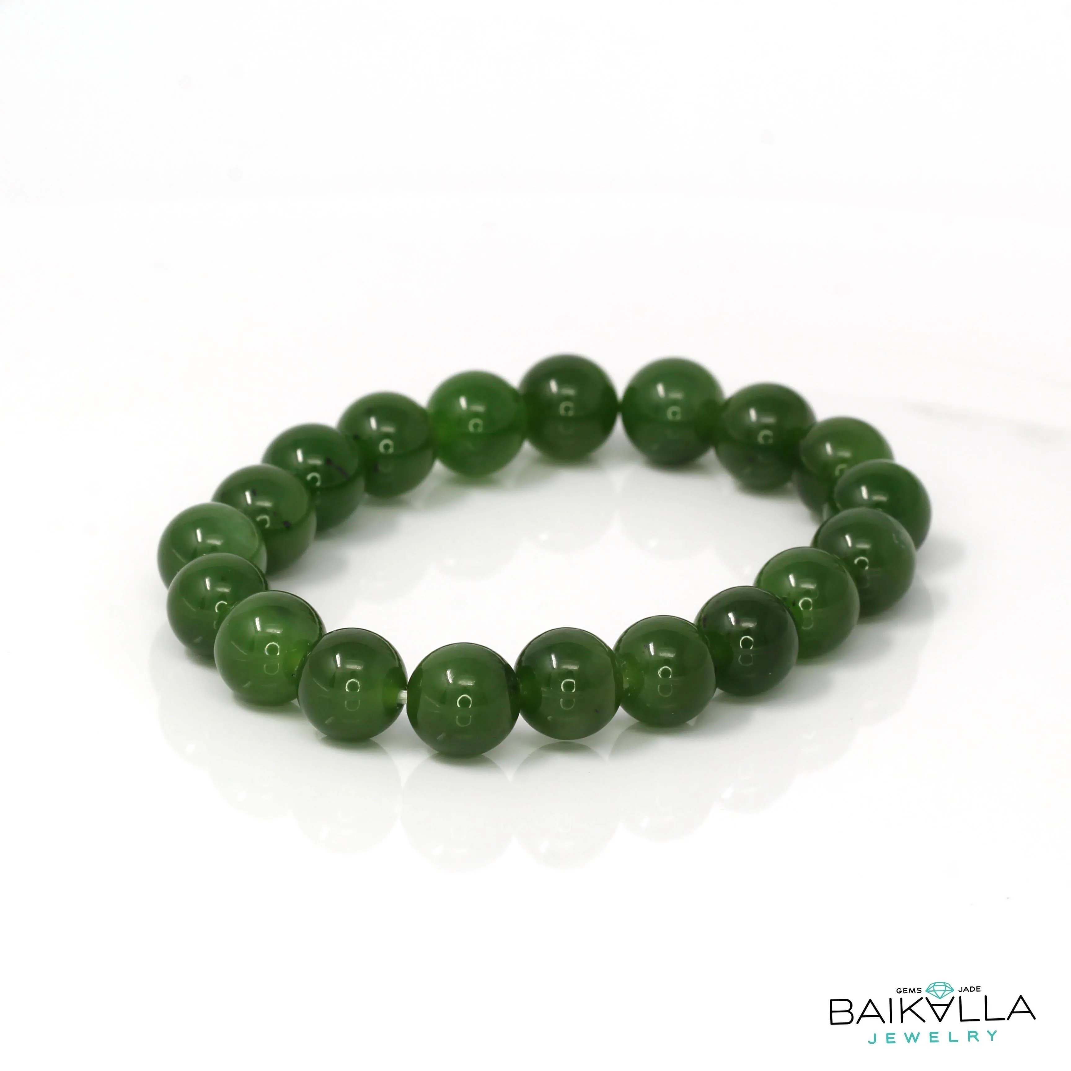 Baikalla Genuine Green Nephrite Jade Round Beads Bracelet ( 8mm )