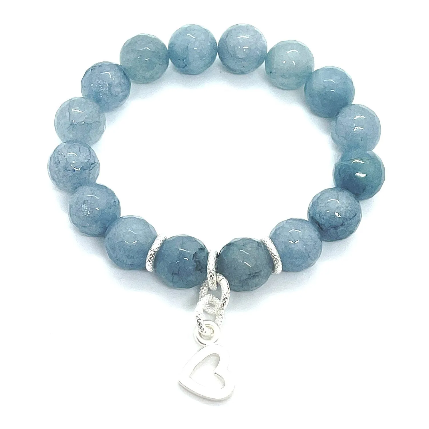 Blue Jade And Matte Silver Stretch Bracelet With Heart Charm