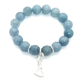 Blue Jade And Matte Silver Stretch Bracelet With Heart Charm