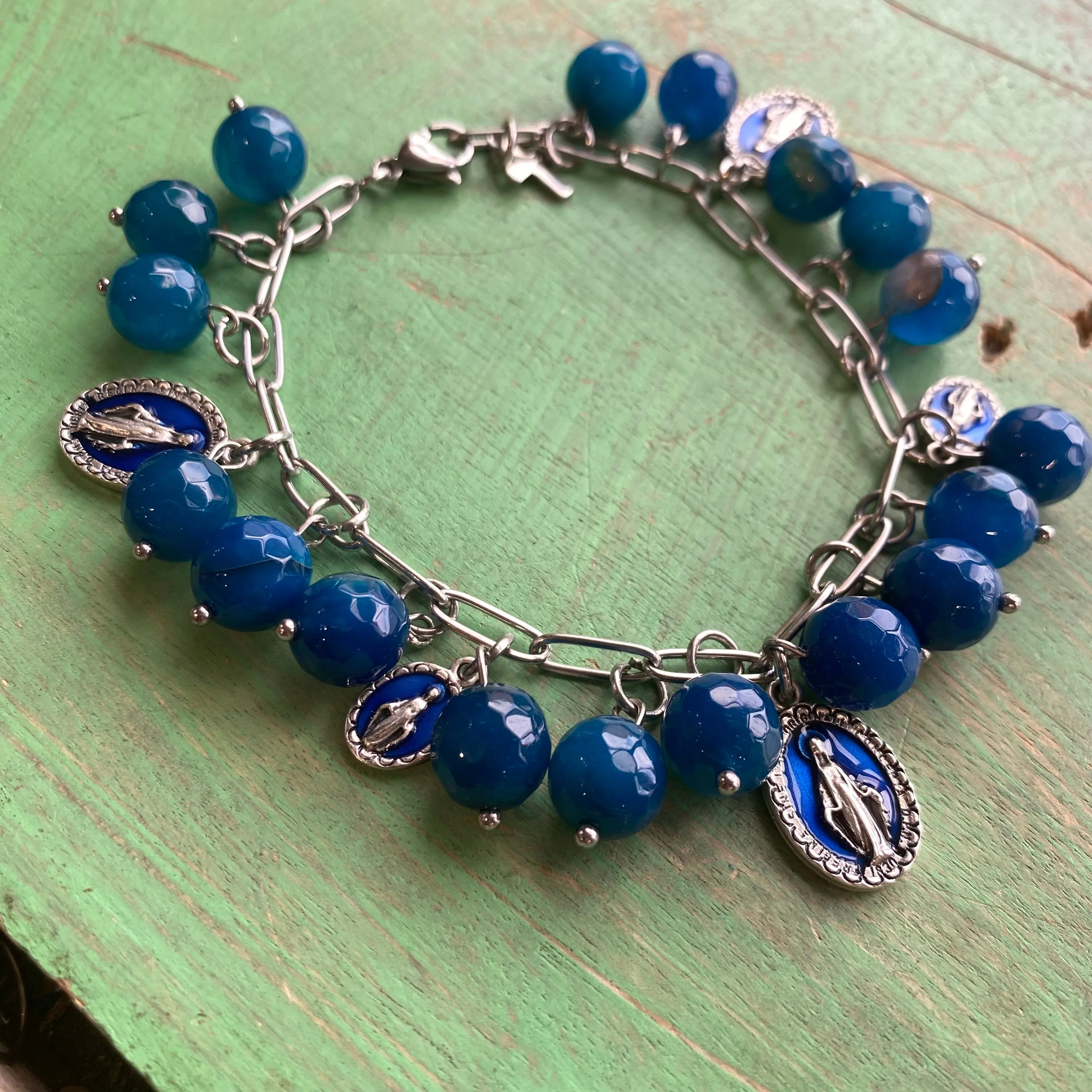 Blue Miraculous Medal Charm Bracelet and Earrings