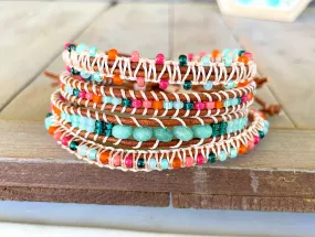 Bright Rainbow Leather Beaded Macrame Bracelet Set