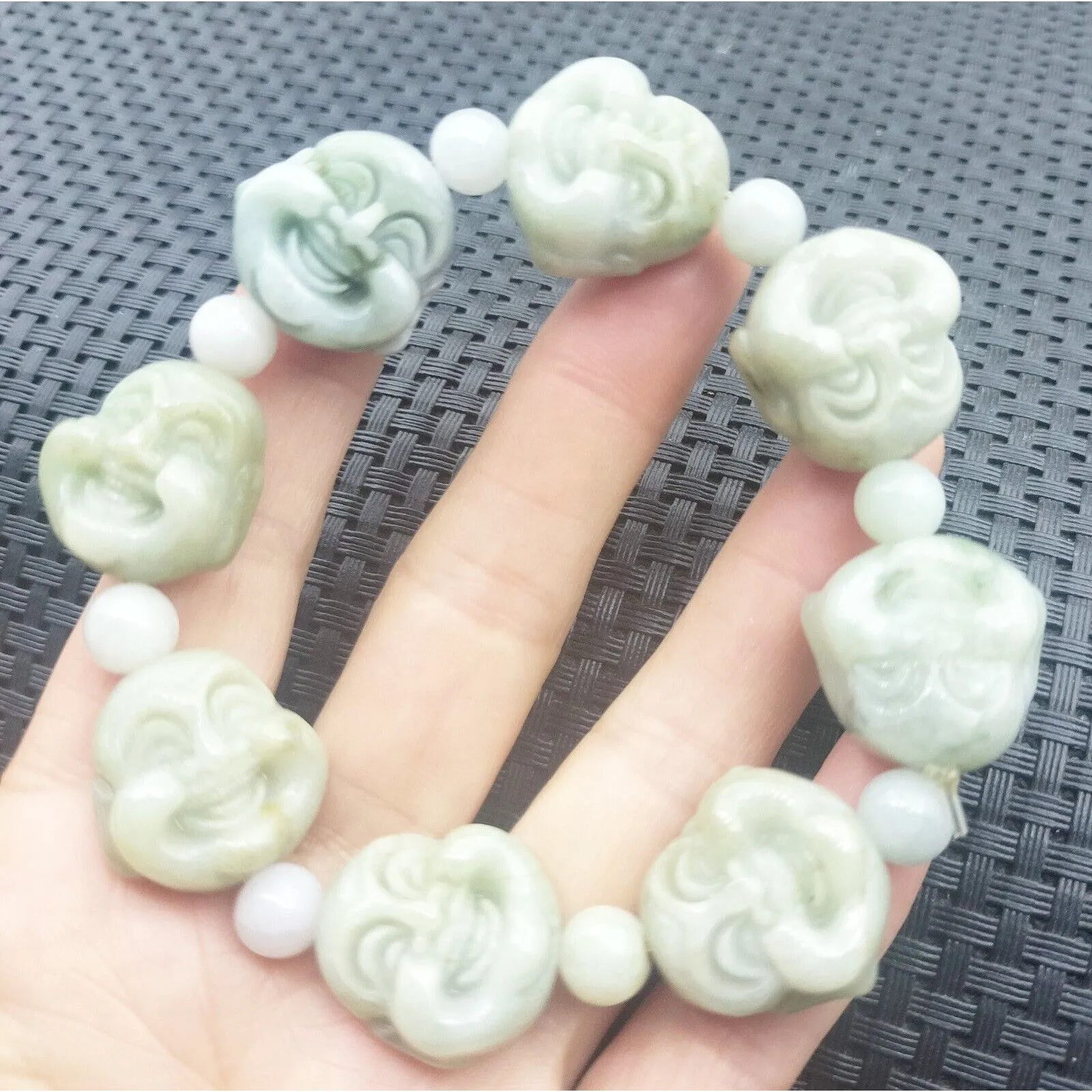 Certified Light Green Natural A Jadeite Carved Buddha Bead Stretchy Bracelet