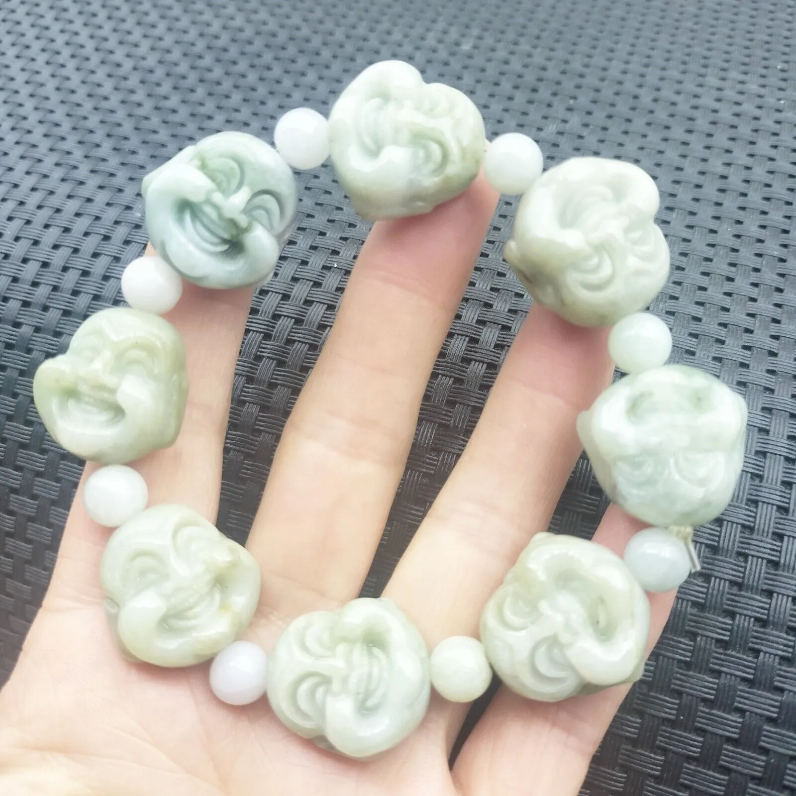 Certified Light Green Natural A Jadeite Carved Buddha Bead Stretchy Bracelet
