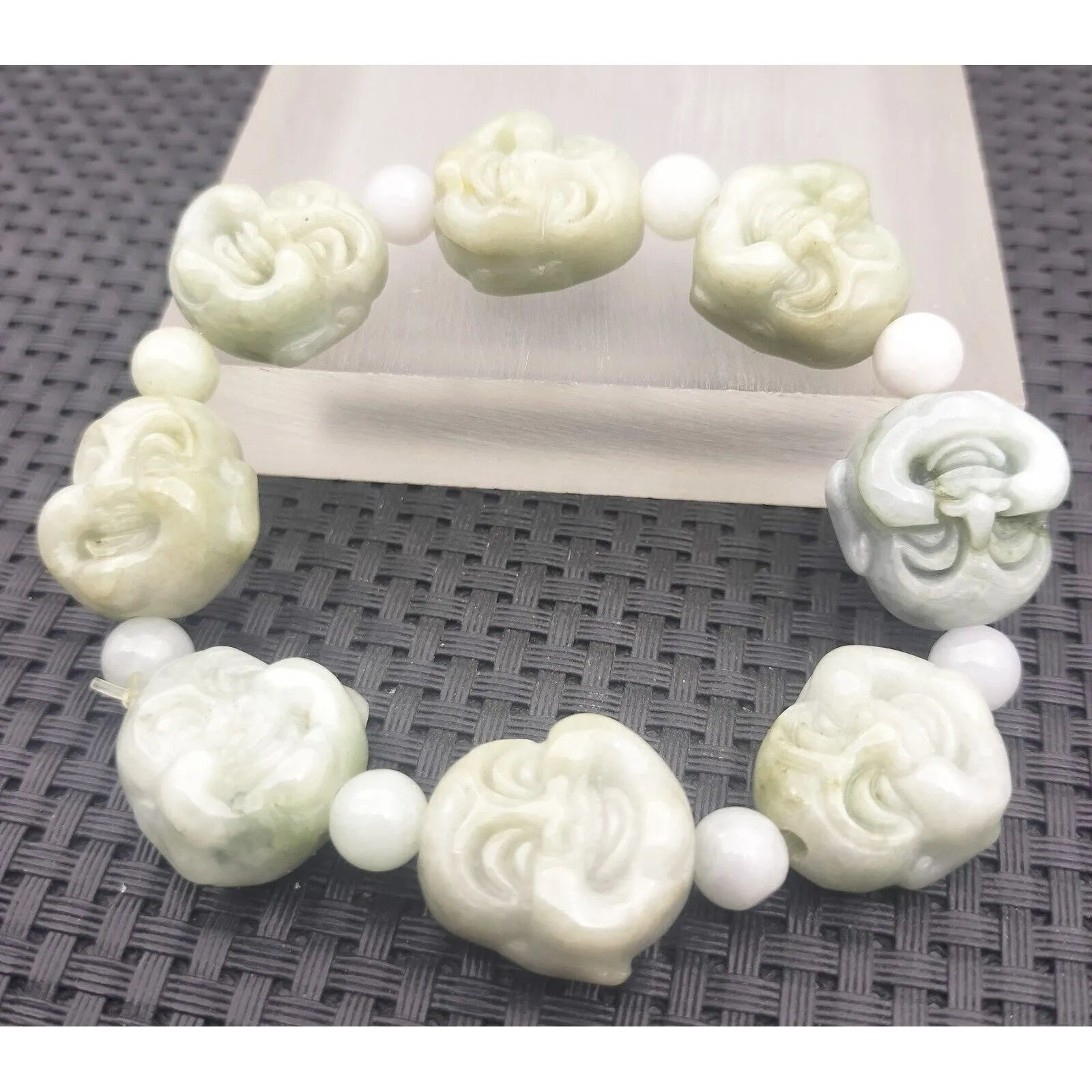 Certified Light Green Natural A Jadeite Carved Buddha Bead Stretchy Bracelet