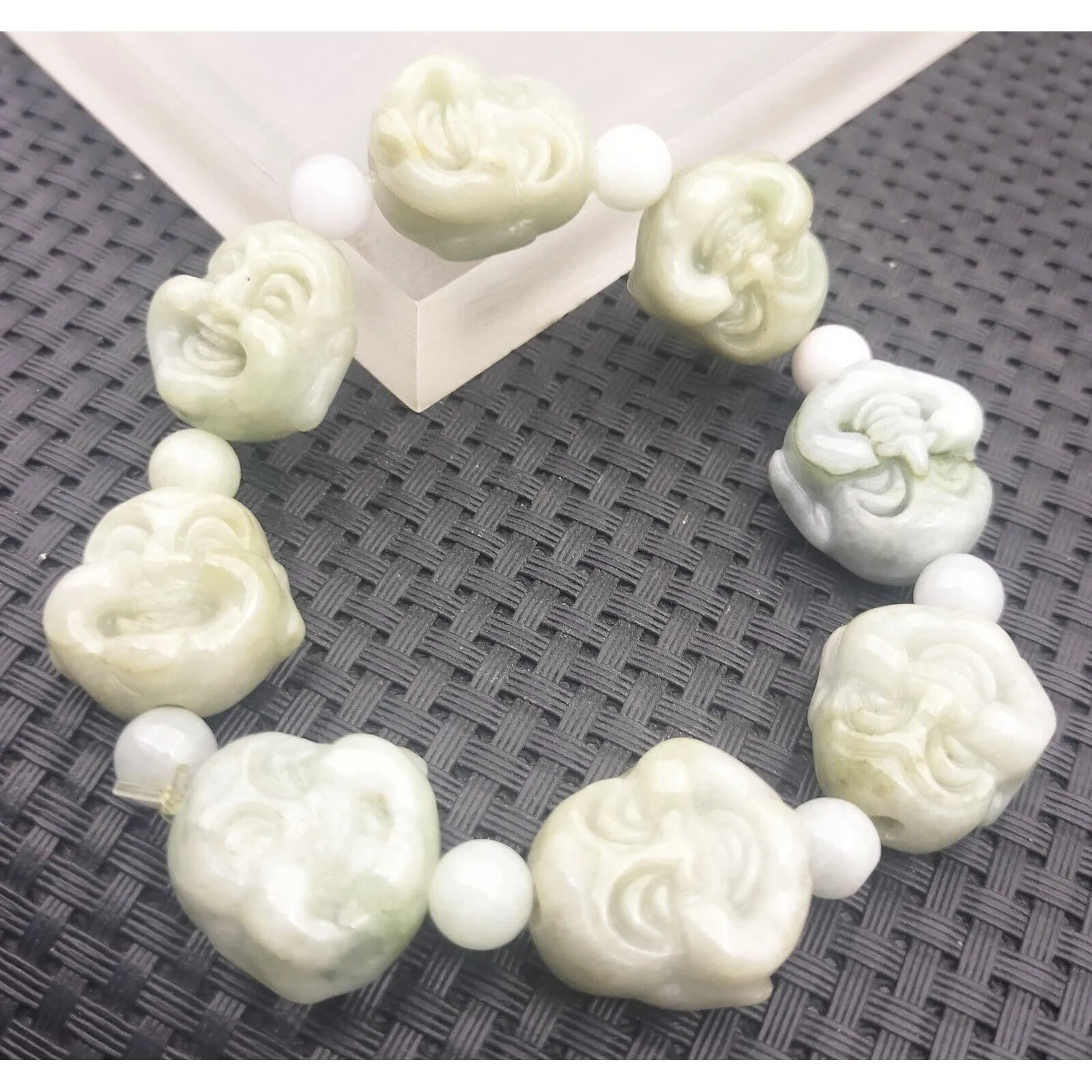 Certified Light Green Natural A Jadeite Carved Buddha Bead Stretchy Bracelet