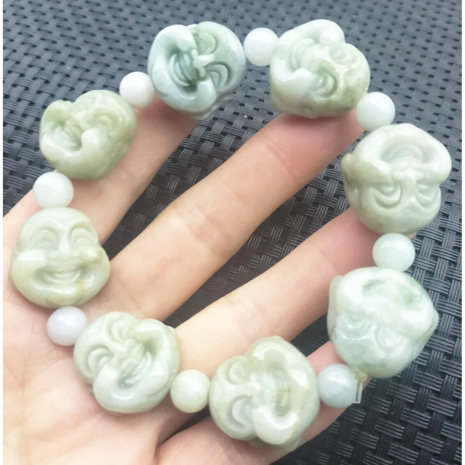 Certified Light Green Natural A Jadeite Carved Buddha Bead Stretchy Bracelet