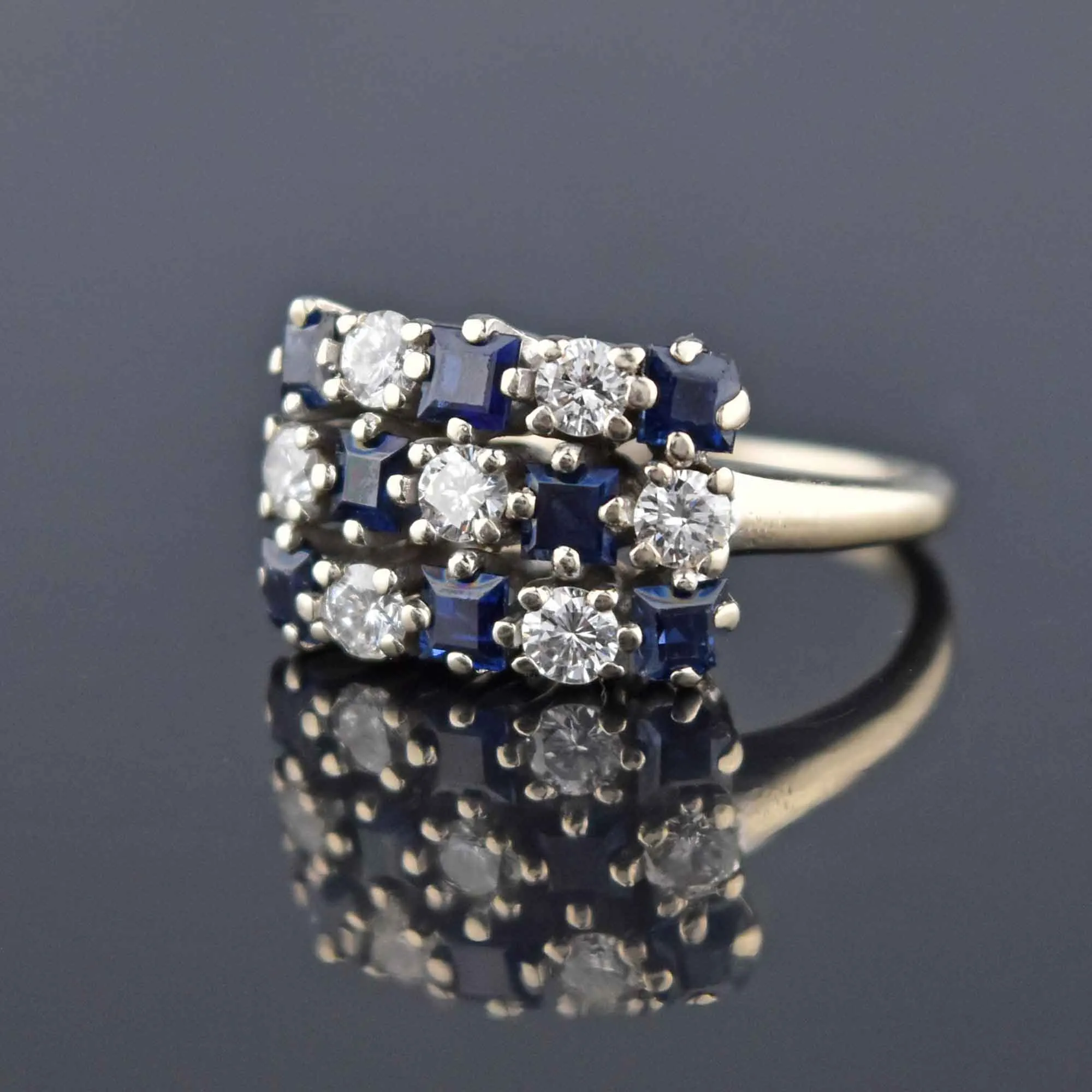 Checkerboard Sapphire & Diamond 14K White Gold Ring