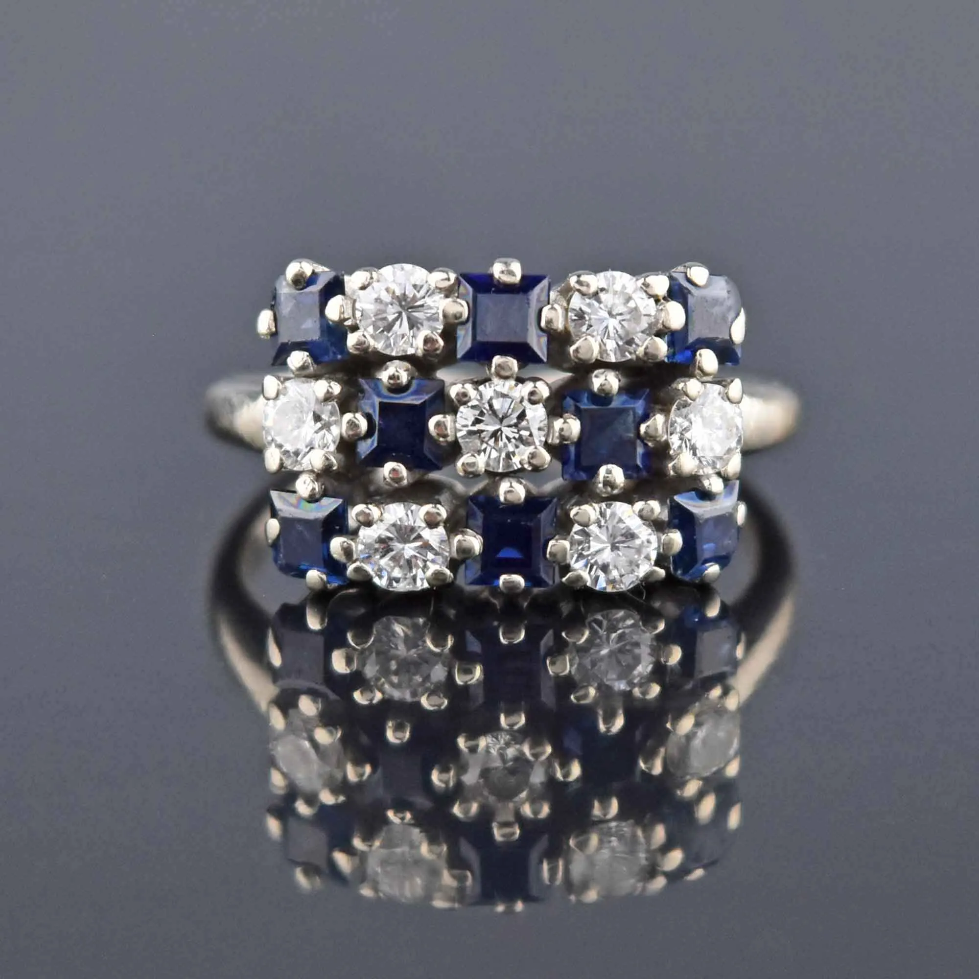 Checkerboard Sapphire & Diamond 14K White Gold Ring