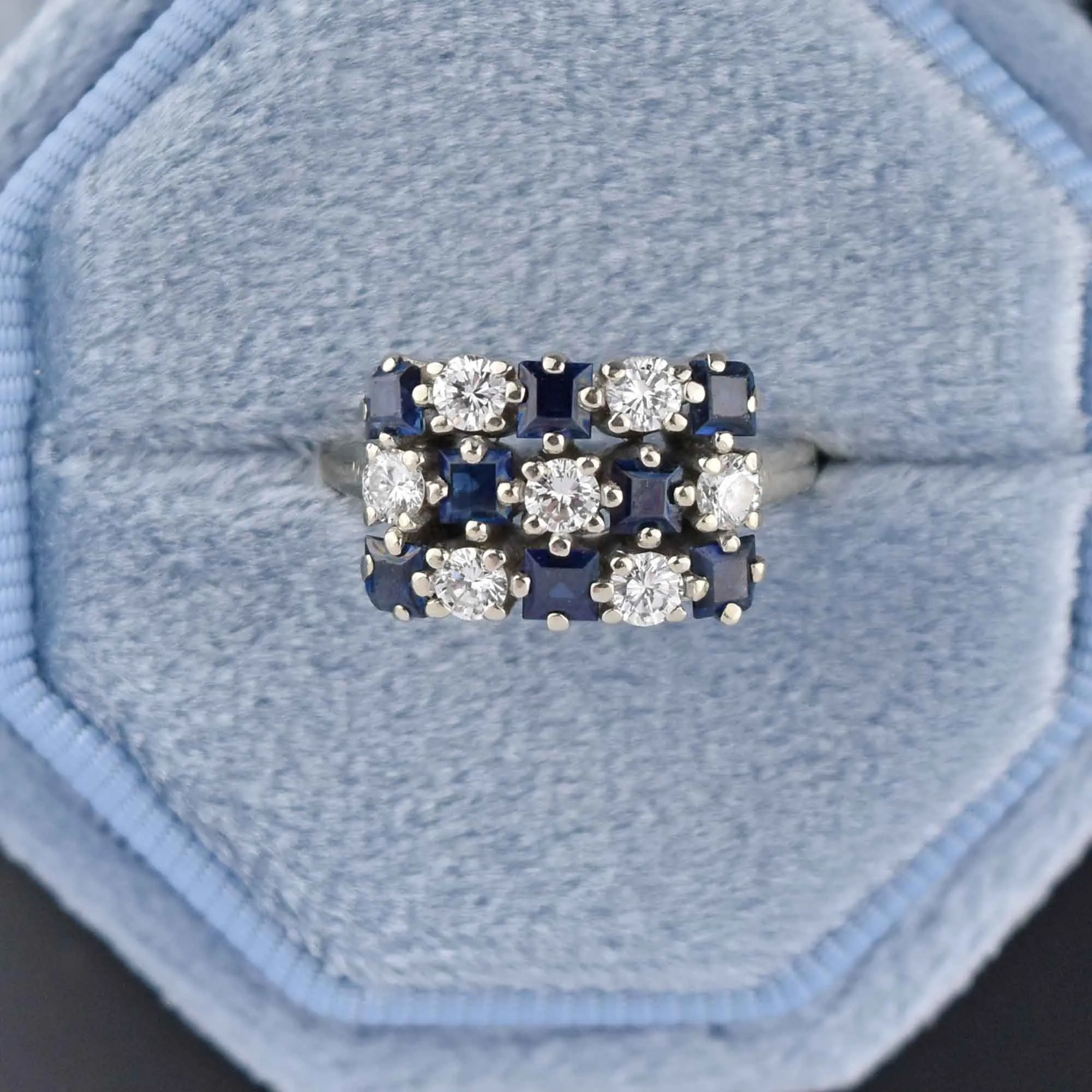 Checkerboard Sapphire & Diamond 14K White Gold Ring