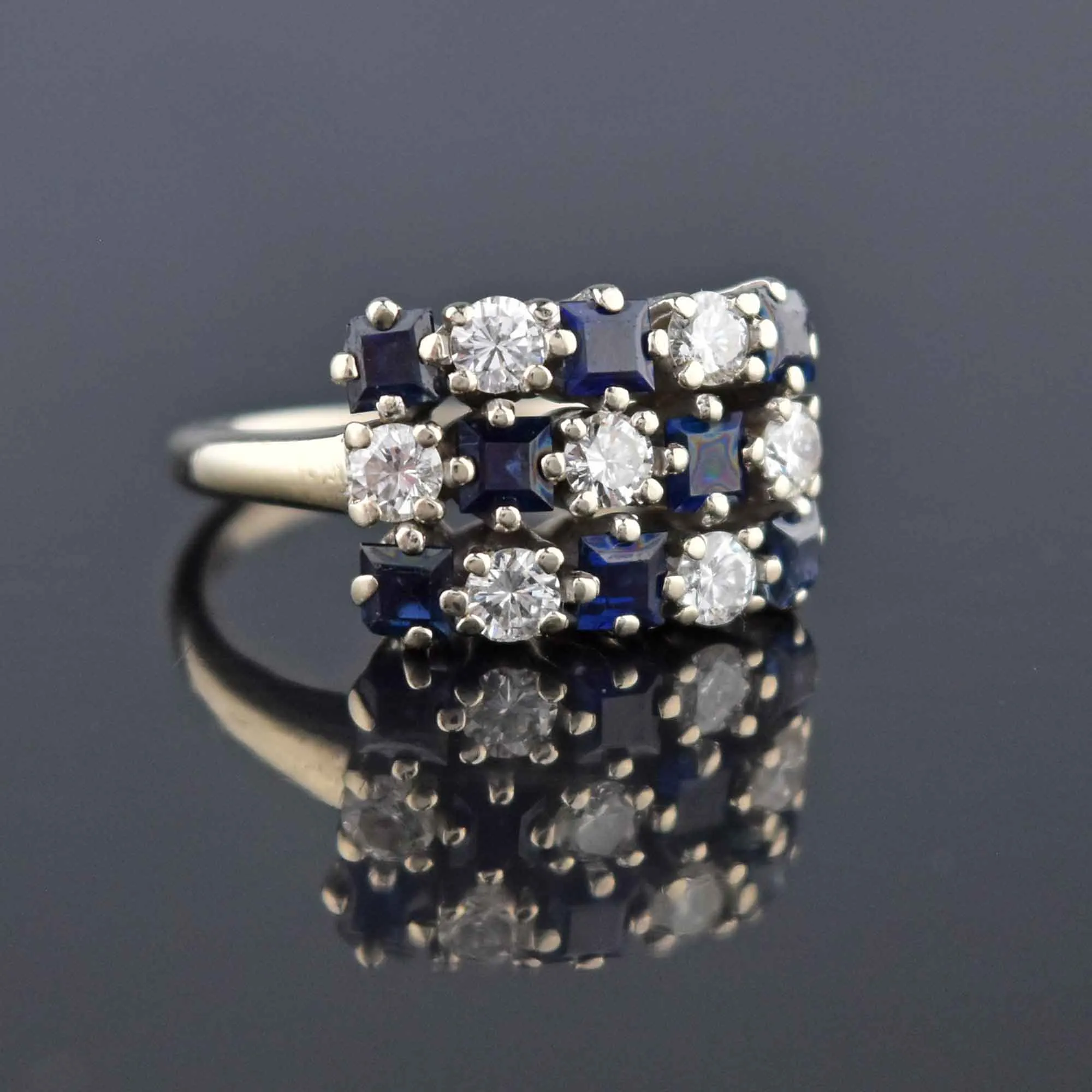 Checkerboard Sapphire & Diamond 14K White Gold Ring