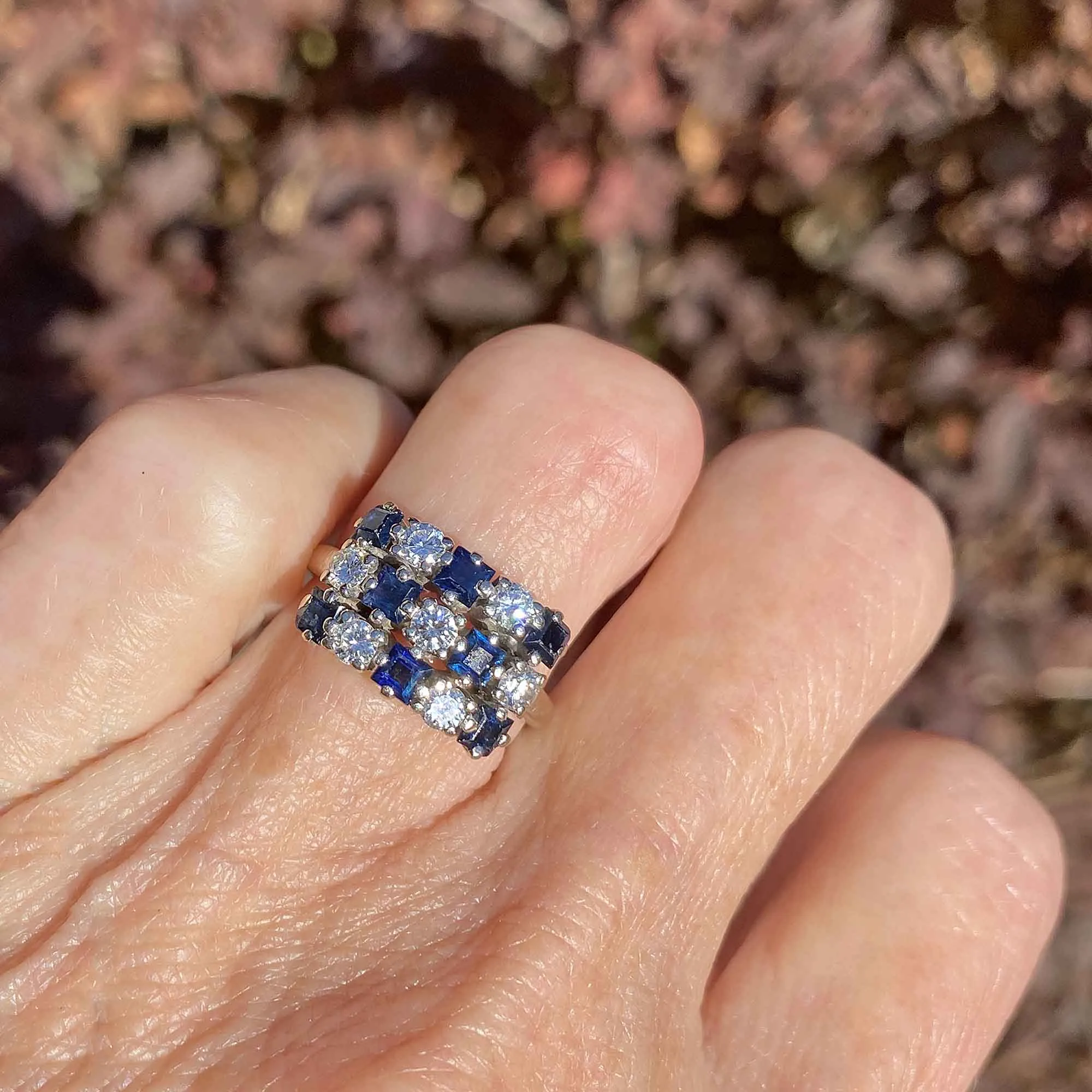 Checkerboard Sapphire & Diamond 14K White Gold Ring