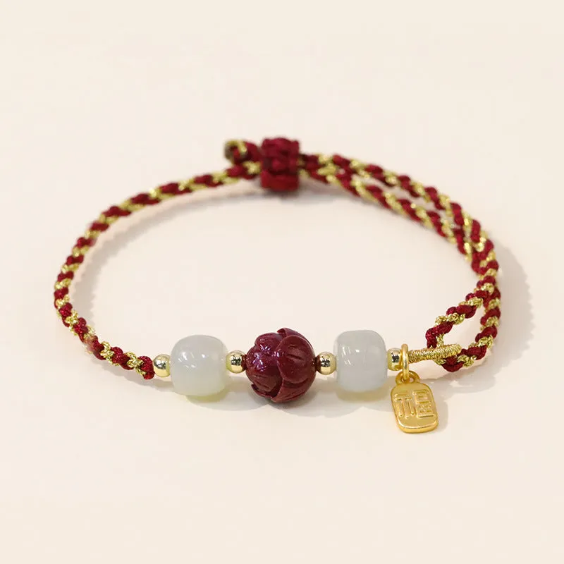 Cinnabar Lotus and Jade Fu Brand Silver Bracelet