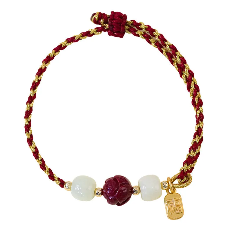 Cinnabar Lotus and Jade Fu Brand Silver Bracelet