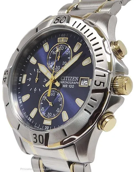 Citizen Quartz Mens Two-Tone Chronograph - Blue Dial - Bracelet - Date Display
