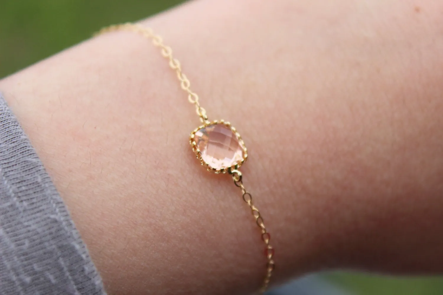 Dainty Blush Champagne Bracelet Square Gold Plated Peach Bracelet - Bridesmaid Bracelet - Bridal Bracelet Blush Champagne Wedding Jewelry